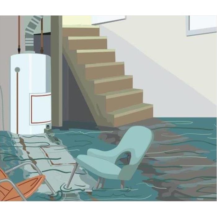 Chairs floating in flood waters inside a building
